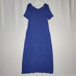Shop‎ Basic USA Maxi Dress Womens Medium Blue Stretch Knit Pocket Sheath Casual